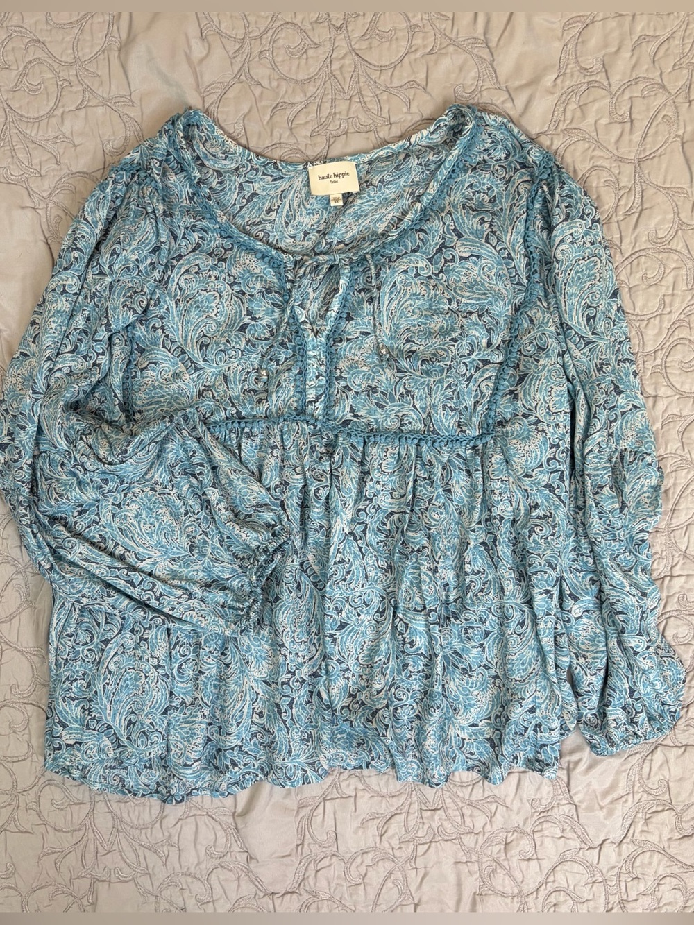 Haute Hippie Tribe Women’s Blouse Size 3X Blue Modal Popover Long-sleeved Fringe